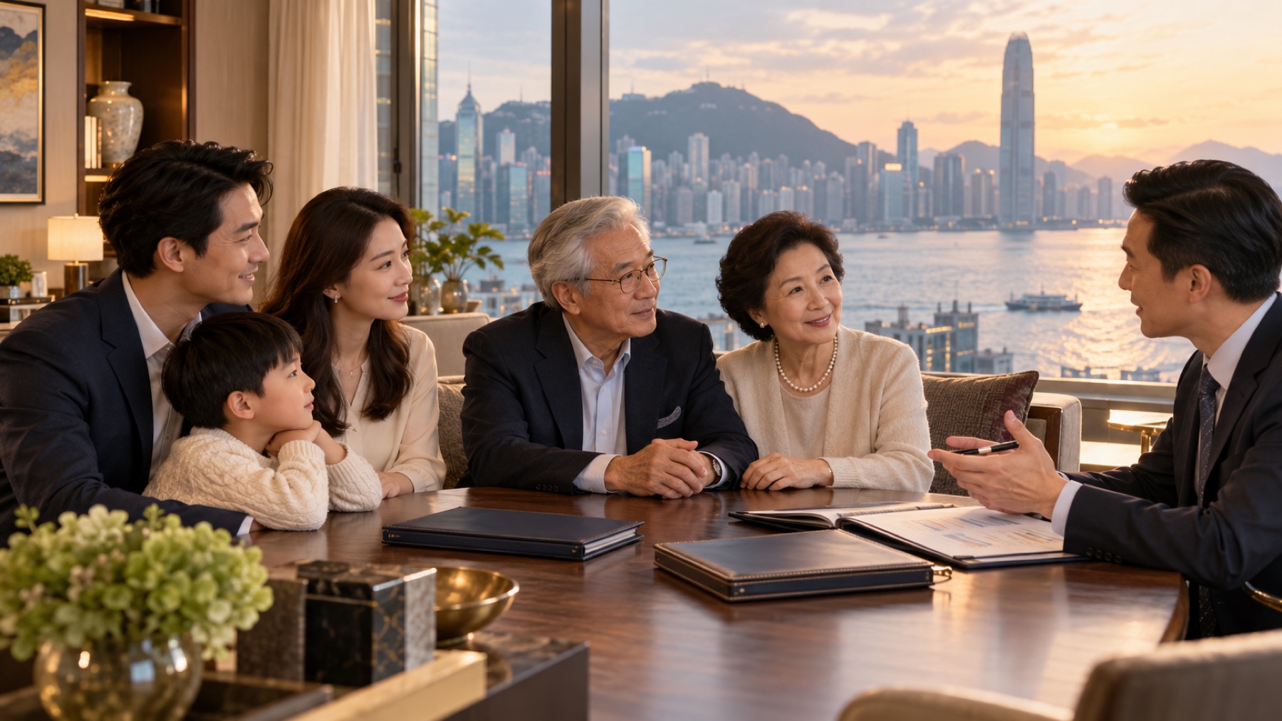 Multigenerational Asian family discussing succession planning with an adviser in Hong Kong