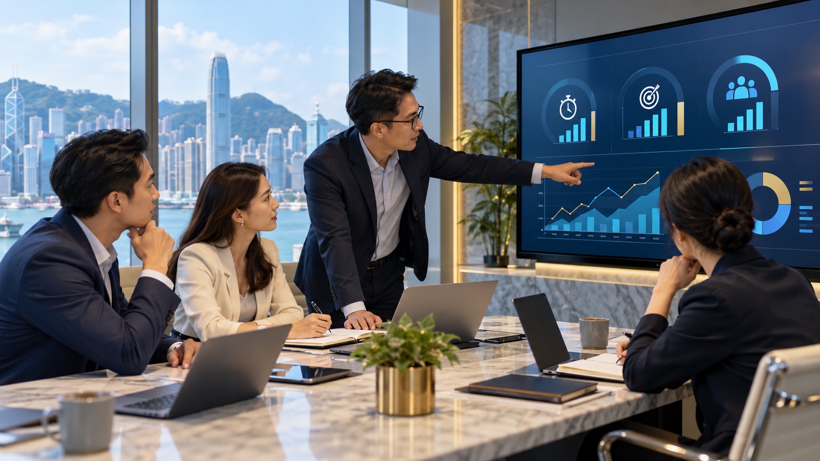 Asian business team reviewing AI pilot performance metrics