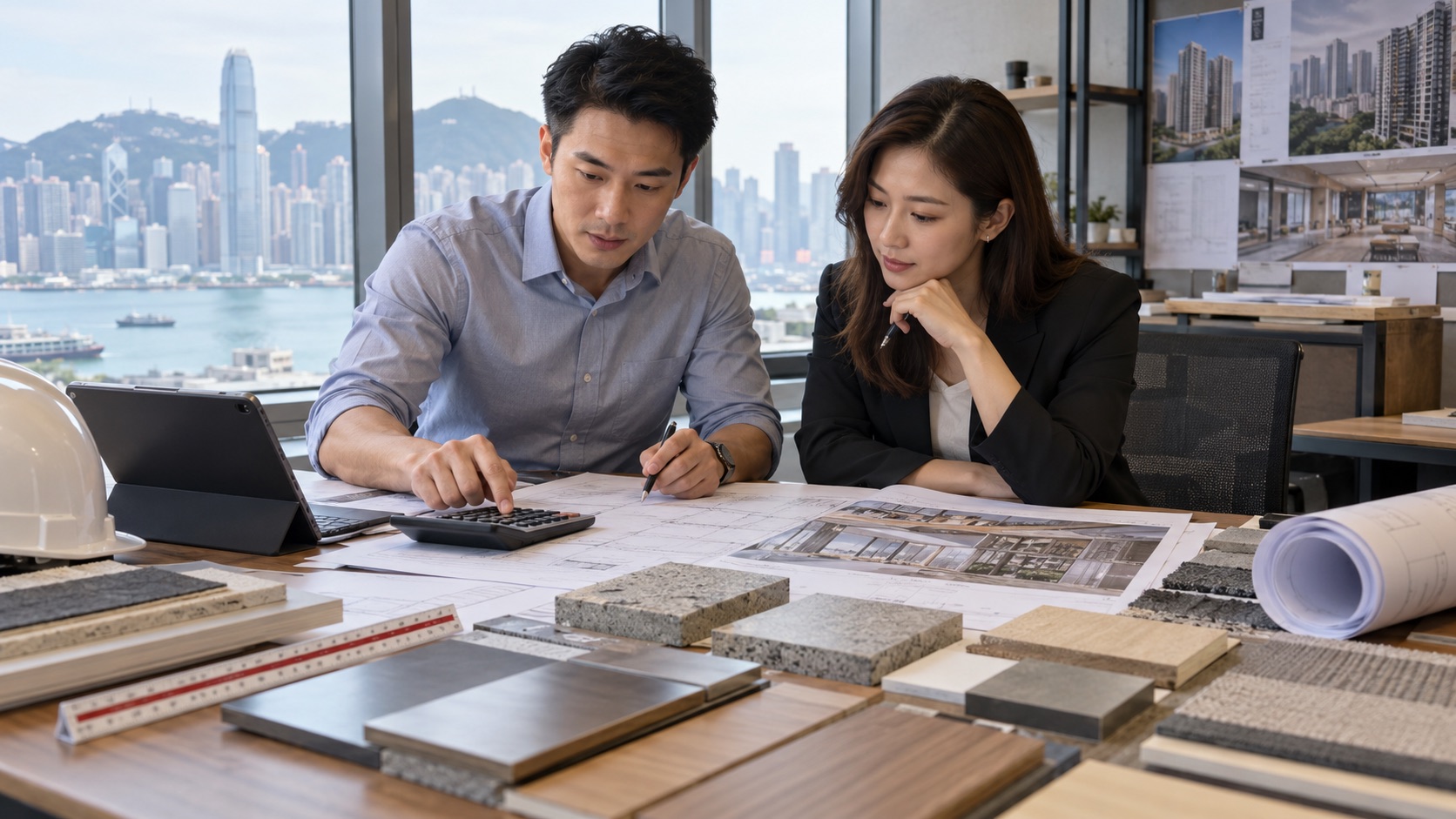 Asian quantity surveyor and architect reviewing cost plans and material options