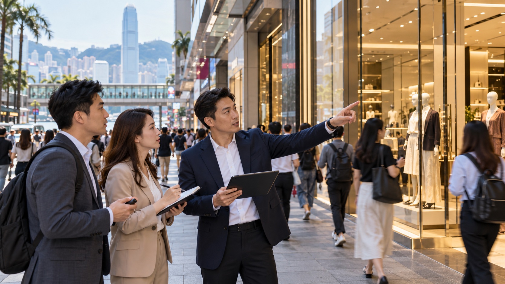 Asian franchise team assessing a Hong Kong retail location and footfall