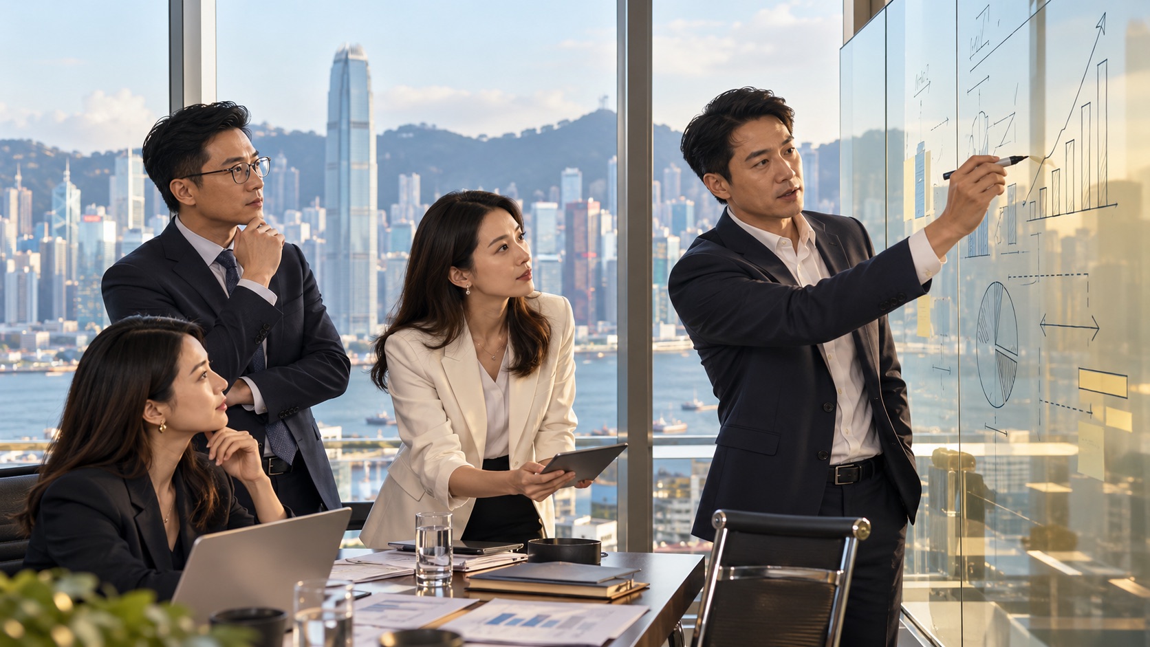 Asian founder and advisers mapping a capital plan in a Hong Kong office