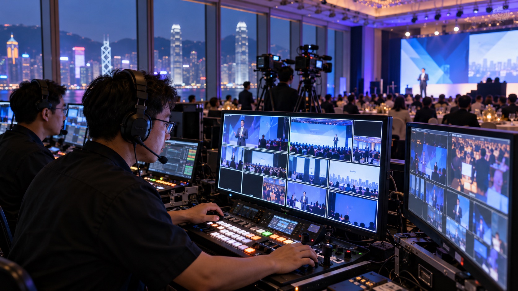 Asian technical director operating a multi-camera live production control room