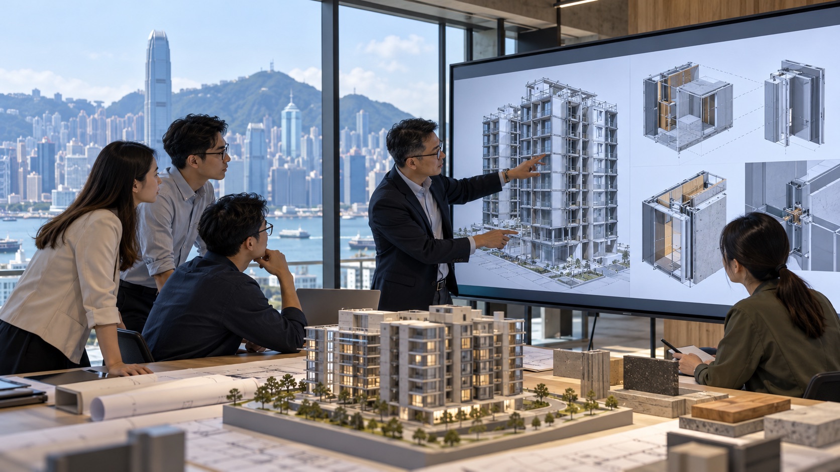 Asian architects reviewing a coordinated modular building model