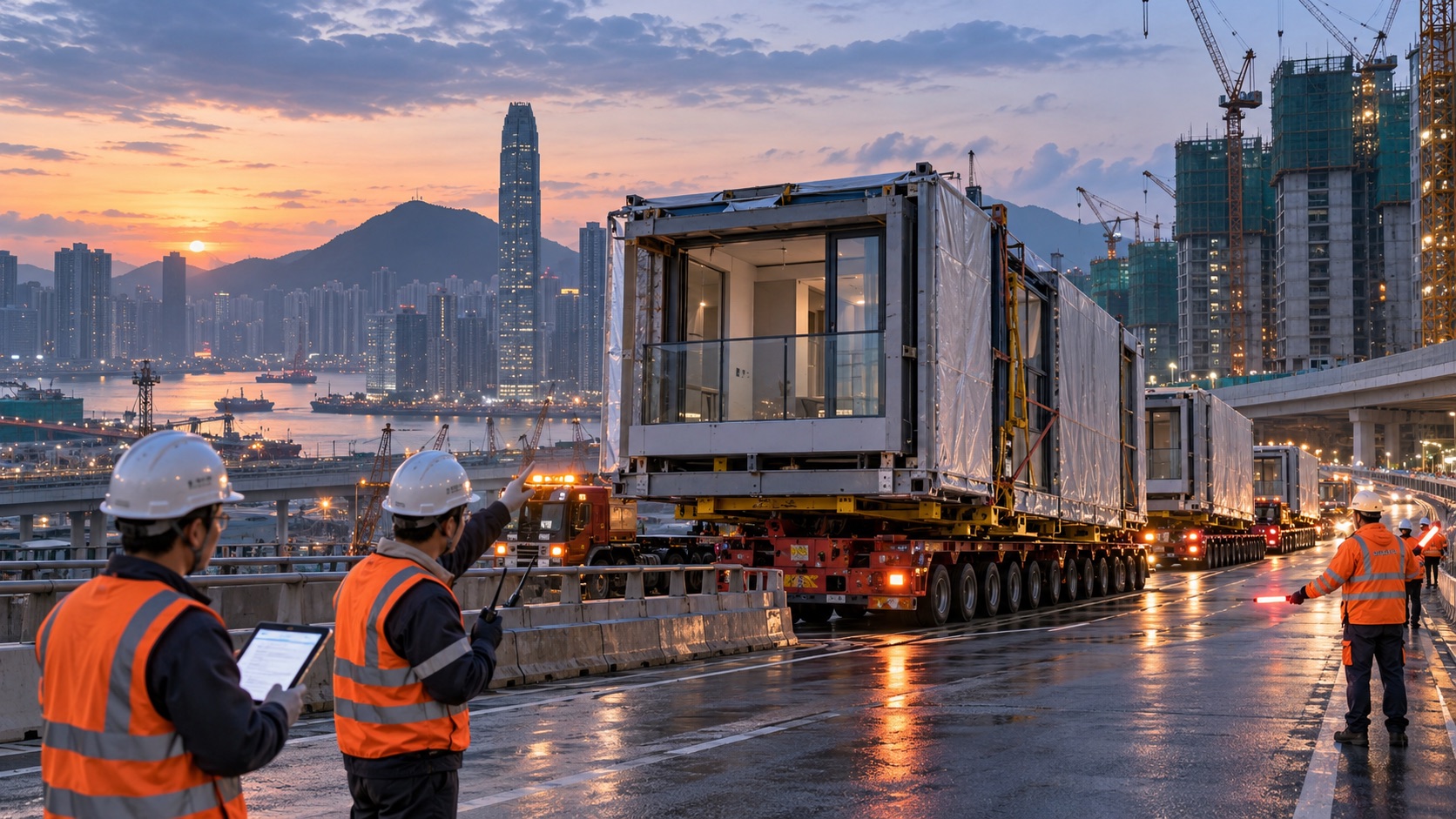 Modular building units transported to a Hong Kong construction site at dawn