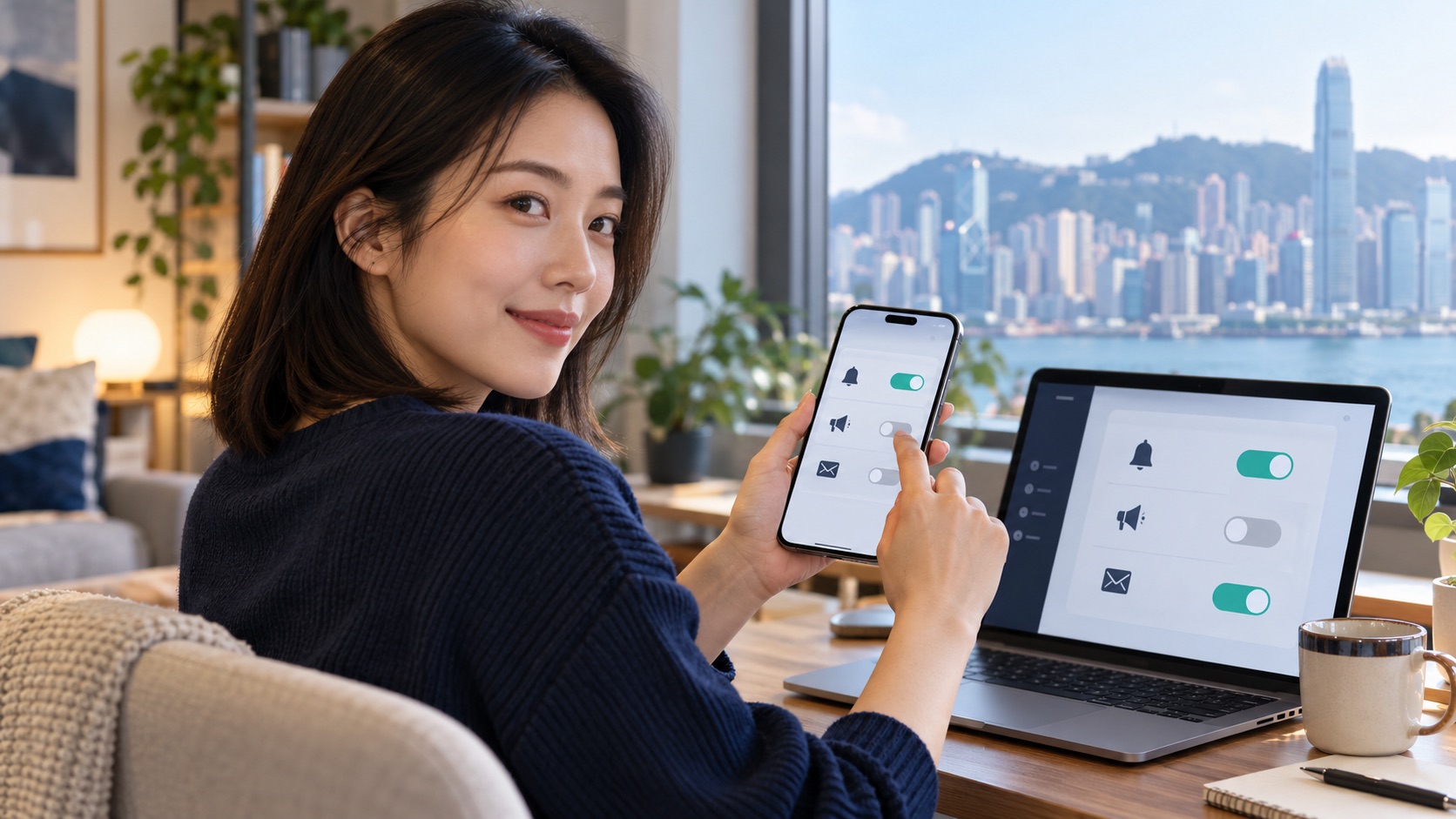Asian customer managing communication preferences on a phone and laptop