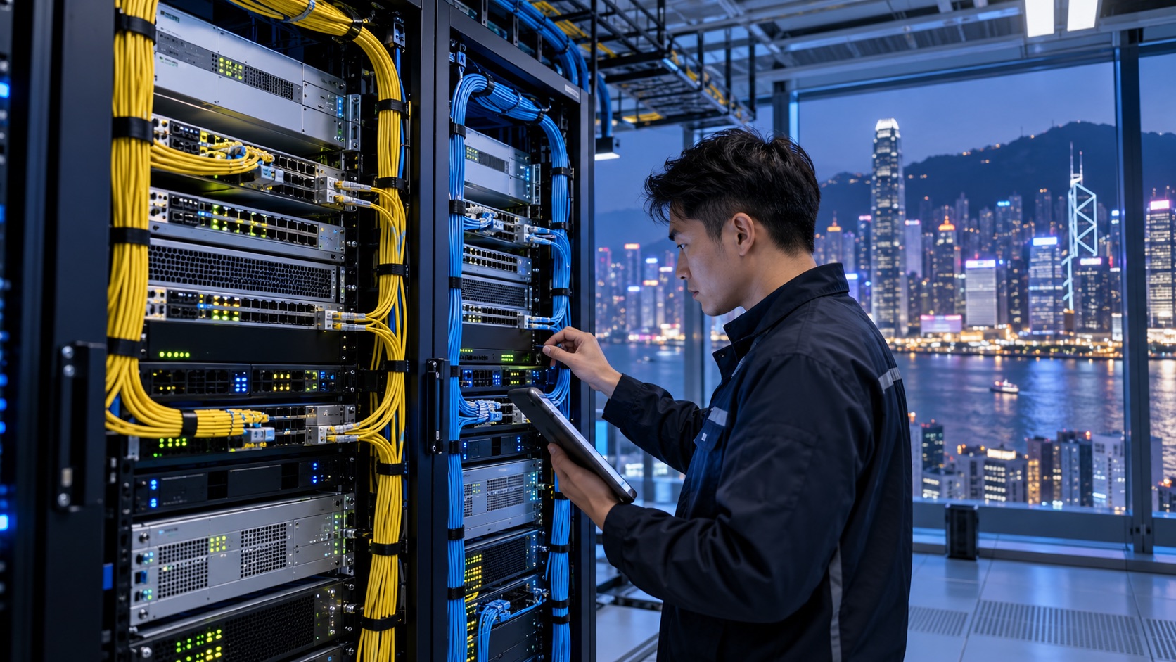 Asian network engineer checking redundant connectivity in a Hong Kong network room