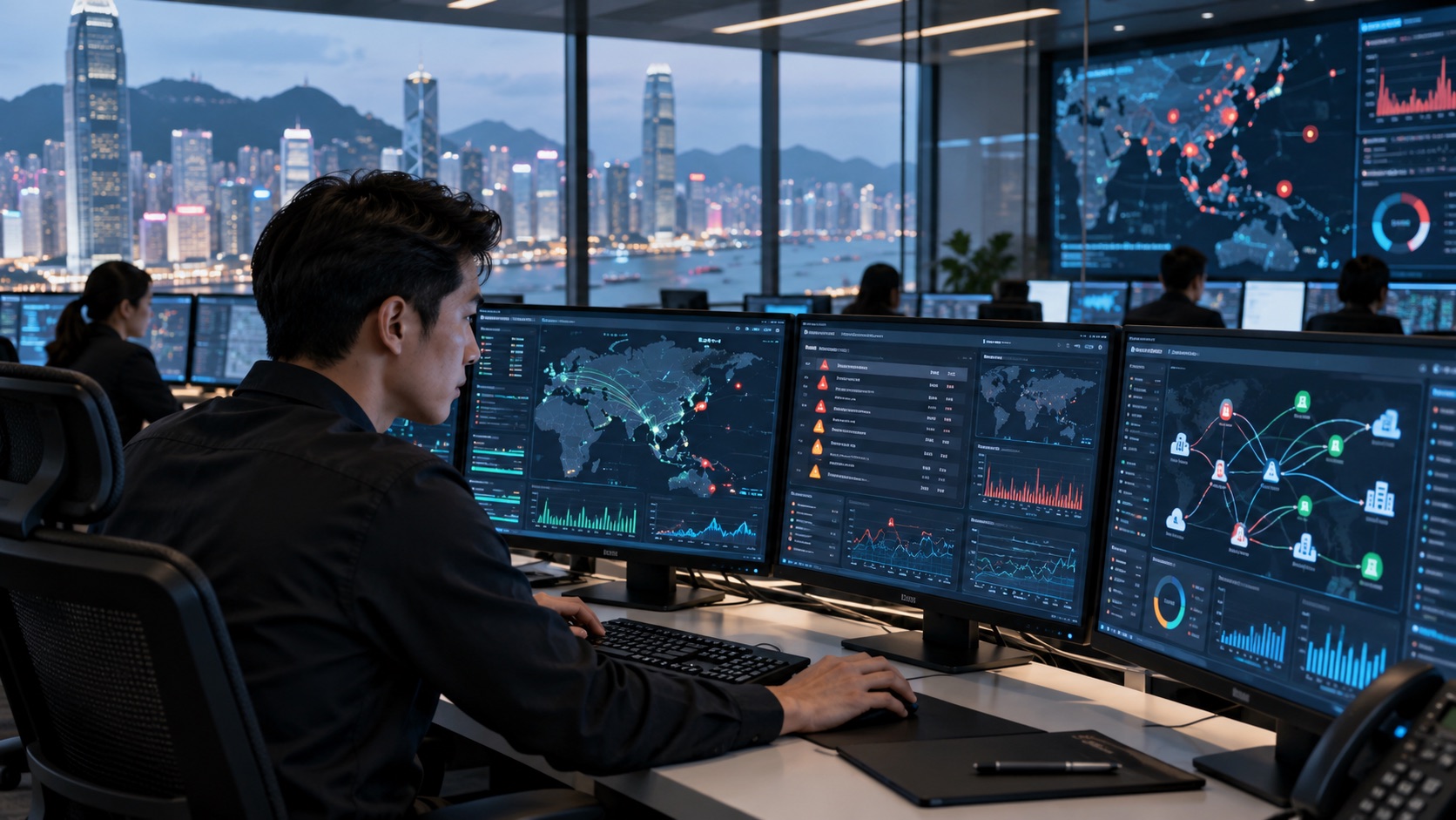 Asian security analyst monitoring SD-WAN alerts and branch network health