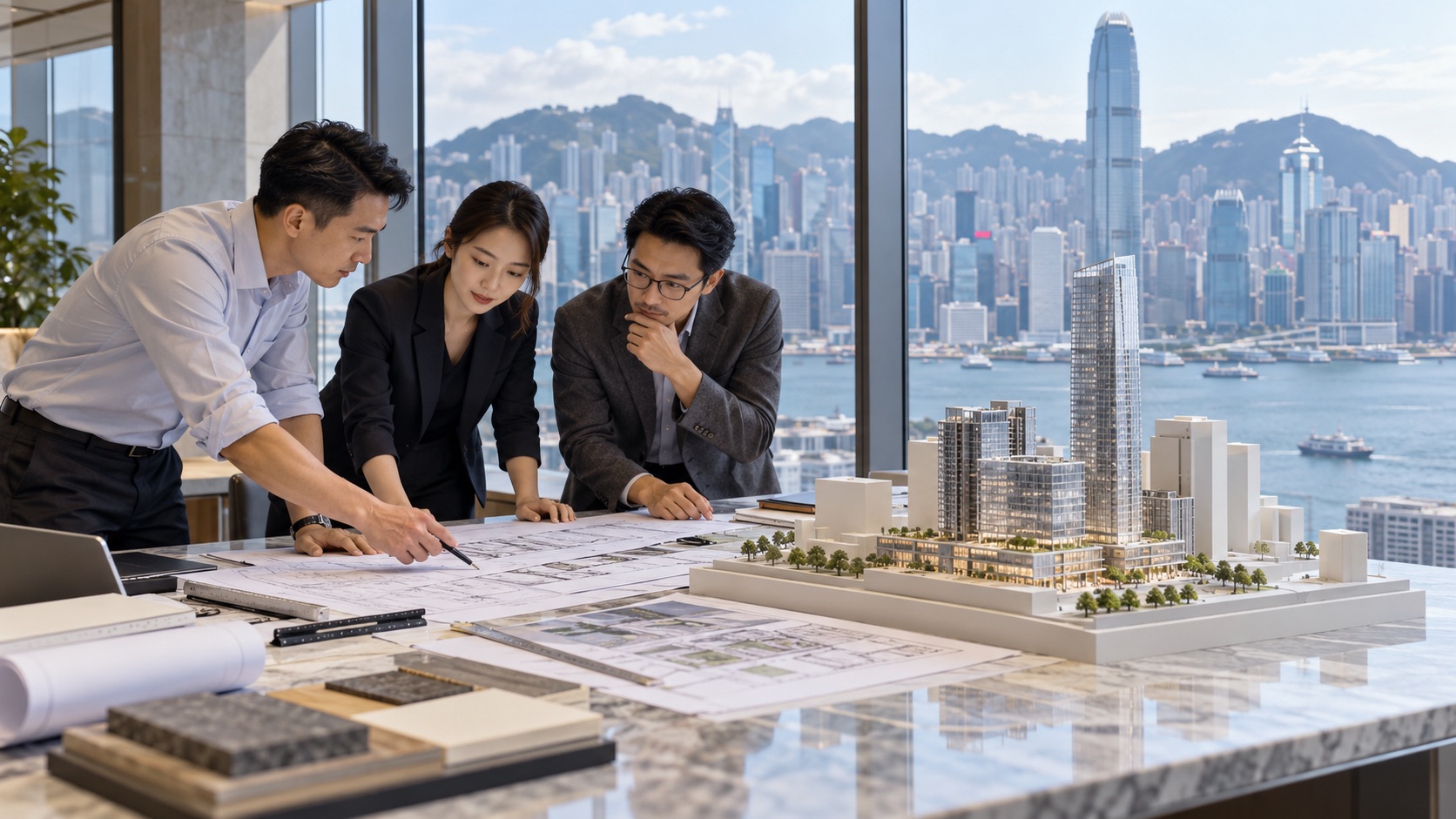 Asian project team planning a commercial construction project in Hong Kong