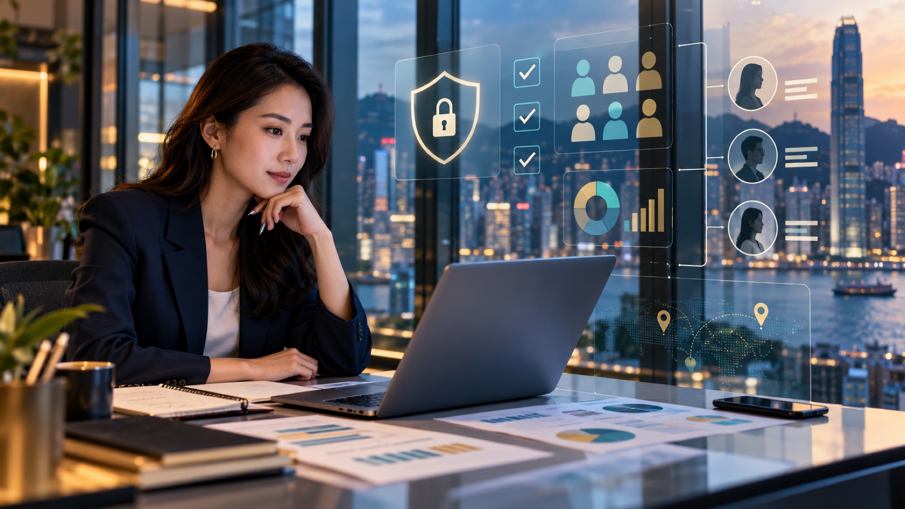 Asian marketing professional planning a privacy-first digital campaign in Hong Kong