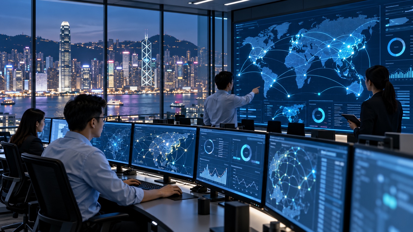 Asian IT team monitoring a multi-branch SD-WAN network in Hong Kong